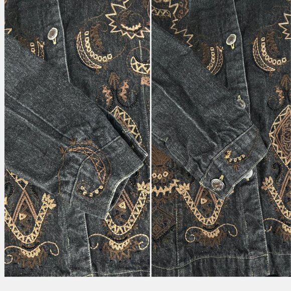 Chico's Black Denim Jacket XS 0 Embroidered Beaded Cropped Boho Western Vintage - Picture 8 of 16